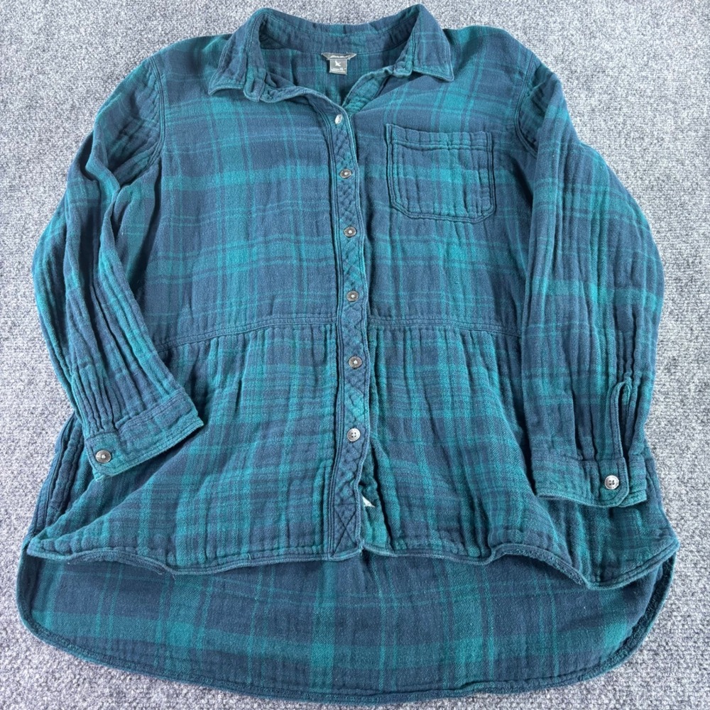Eddie Bauer Plaid Button‎ Down Women XL Teal Babydoll Peplum High Low Flannel